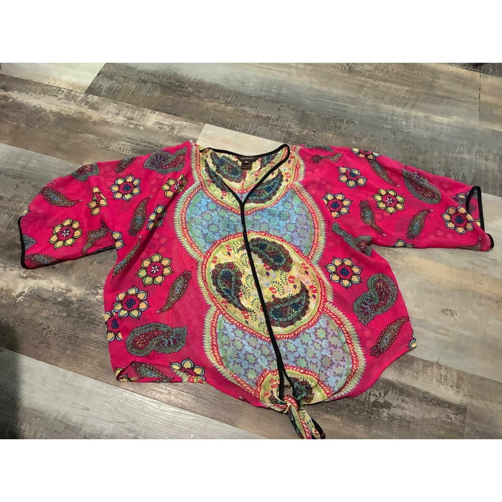 Multiples Women PXL Paisley Floral Print Split V-Neck Blouse Pink Blue Yellow